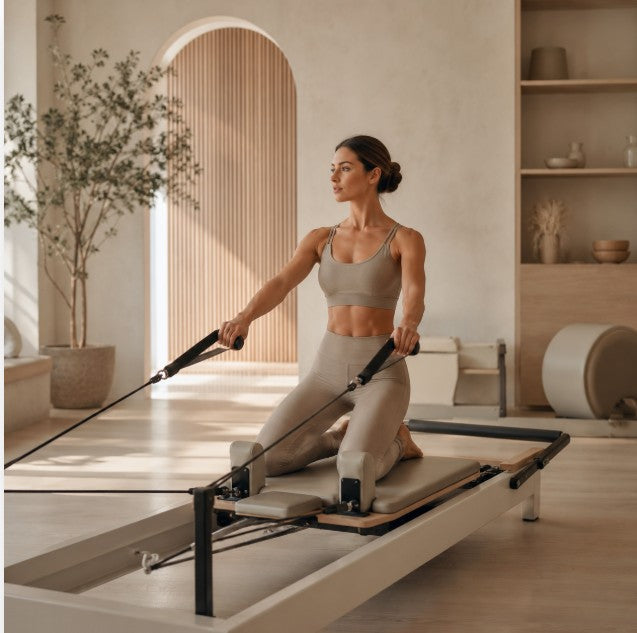 Žena vježba na Pilates reformeru u svijetlom studiju, prikaz pravilnog držanja, aktivacije corea i kontroliranog pokreta nakon 30 dana Reformer Pilates treninga.