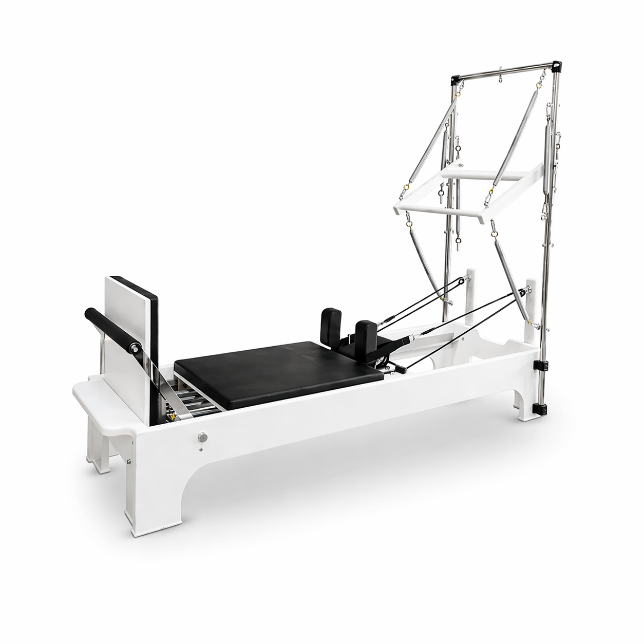Bodylumina Platinum crni pilates tower reformer s bež kliznom platformom, metalnim tornjem, oprugama, podesivim trakama i footbar osloncem, profesionalna pilates sprava za tower reformer trening, jačanje core mišića, istezanje, stabilnost, rehabilitaciju i oblikovanje tijela kod kuće ili u studiju.