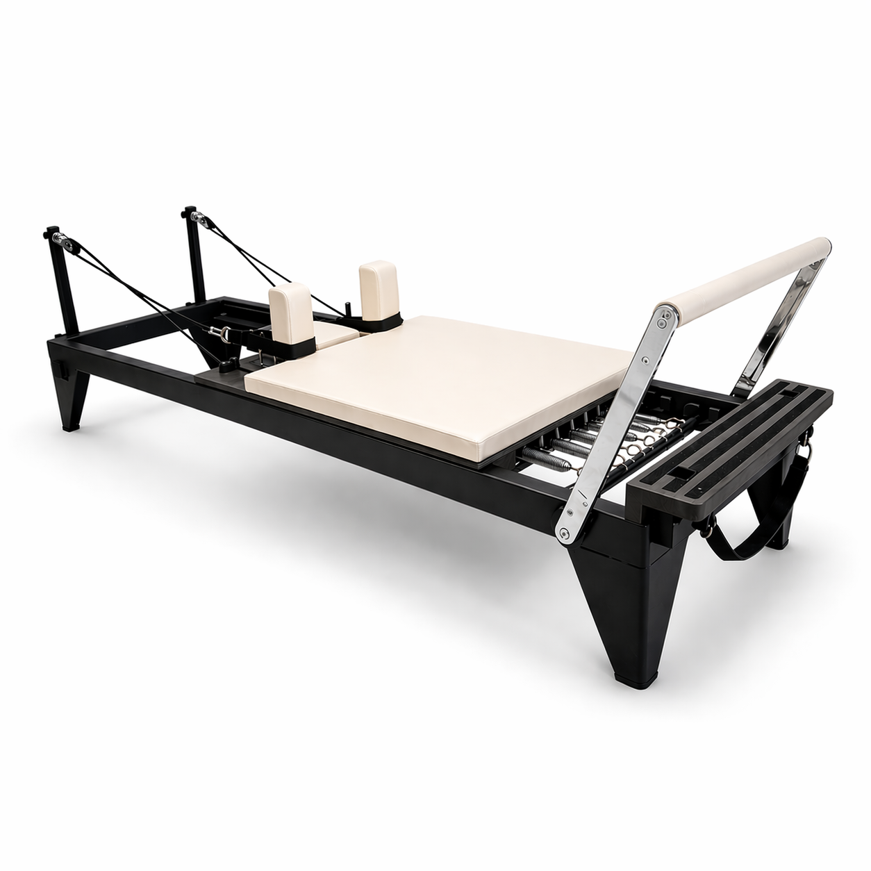 Bodylumina Premium čelični crni pilates reformer s tapeciranom kliznom platformom, naslonima za ramena, podesivim trakama, oprugama i footbar osloncem, profesionalna pilates sprava za reformer trening, jačanje core mišića, istezanje, stabilnost i oblikovanje tijela kod kuće ili u studiju.