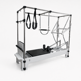 Bodylumina Premium Platinum pilates Cadillac reformer s bijelom konstrukcijom, crnom kliznom platformom, metalnim tornjem, oprugama, trakama i visećim dodacima, profesionalna pilates sprava za kompletan reformer i Cadillac trening, istezanje, jačanje core mišića, stabilnost, rehabilitaciju i oblikovanje tijela kod kuće ili u studiju.